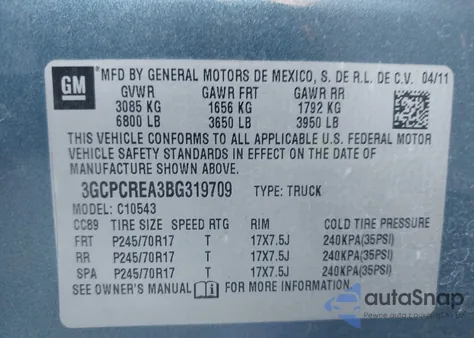 2011 Chevrolet Silverado 1500 Ls z USA, uszkodzony, nr VIN 3GCPCREA3BG319709